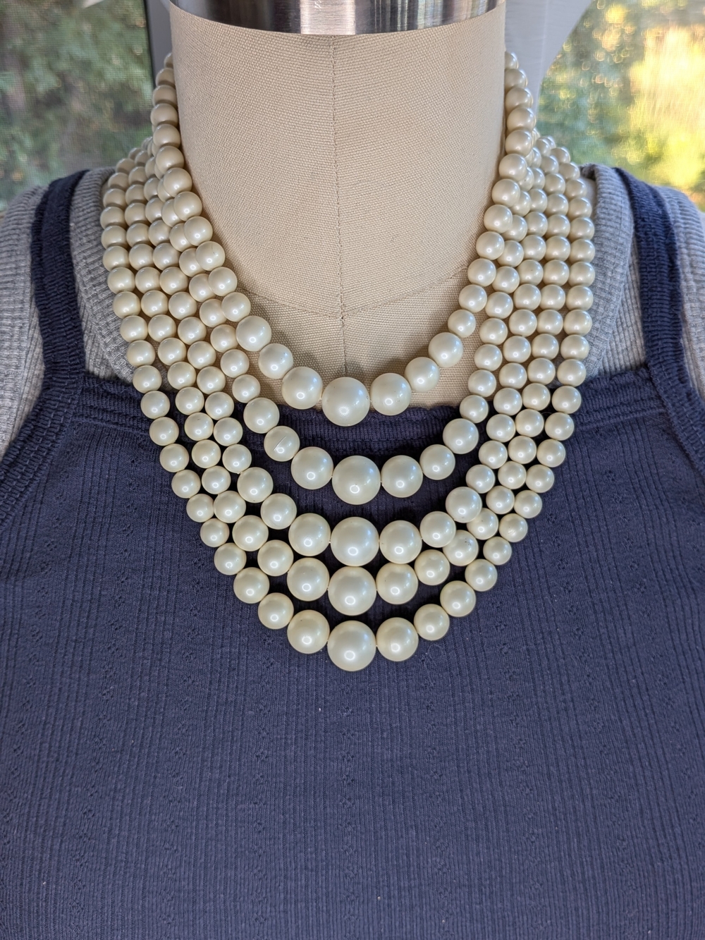 Vintage 5 Strand Graduated Faux Pearl Statement Necklace Filigree Fishhook Clasp